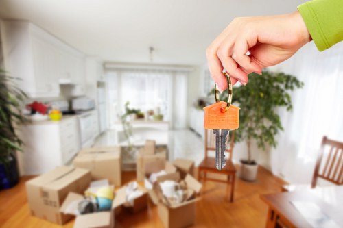 Mover carrying boxed items safely during a home move