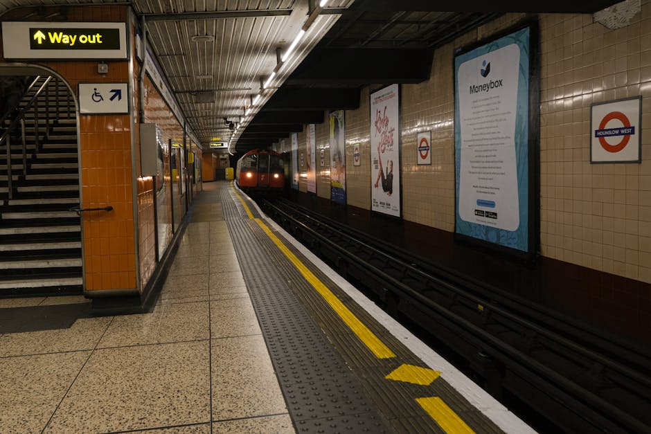 A photograph of an underground London Underground station platform showing a train approaching from the distance, with beige tiled walls and various informational posters mounted along the wall. To the left, a staircase with black steps and metal handrails ascends, and a bright yellow and black 'Way out' sign is positioned above the staircase. The platform’s edge features tactile paving with yellow tactile strips and a white warning line, indicating where passengers should stand clear of the incoming train. The station is well-lit with ceiling-mounted lights, and the overall environment appears clean and well-maintained, supporting efficient passenger movement. Although the image depicts a typical metro setting, a professional house removals company like Movers Hounslow often coordinates logistics that involve similar careful planning for packing and transport—ensuring furniture and belongings are securely moved in and out of property using appropriate vehicle loading procedures.